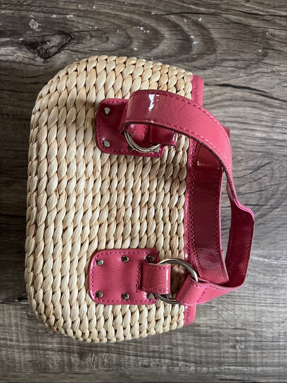 Liz Claiborne Vintage Y2K Straw Basket Bag - Pink Patent Trim & Floral Lining
